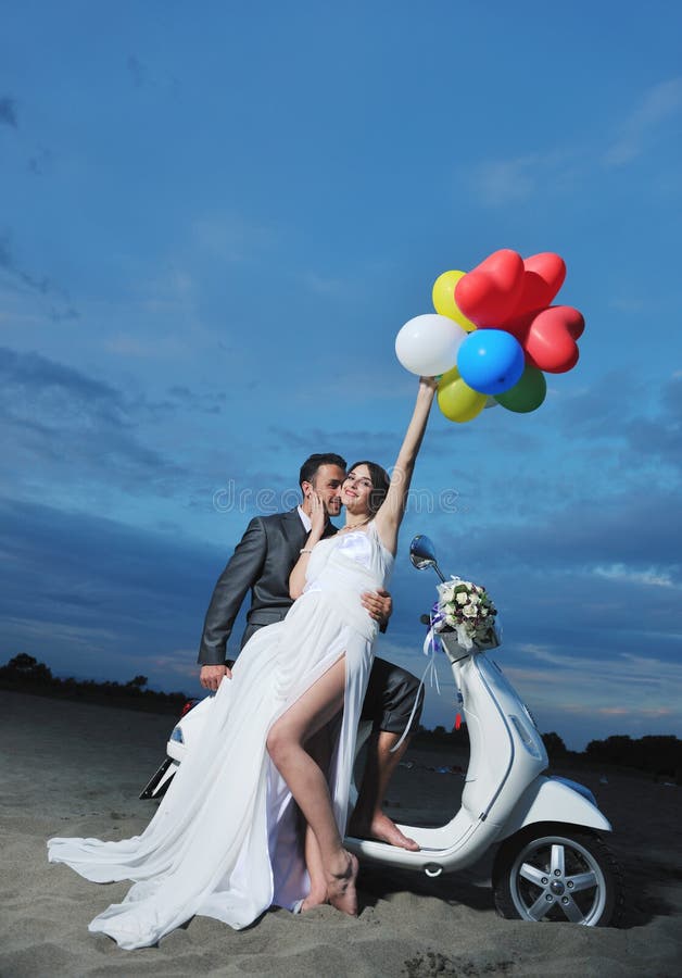 Just Married Couple Ride White Scooter Stock Ph