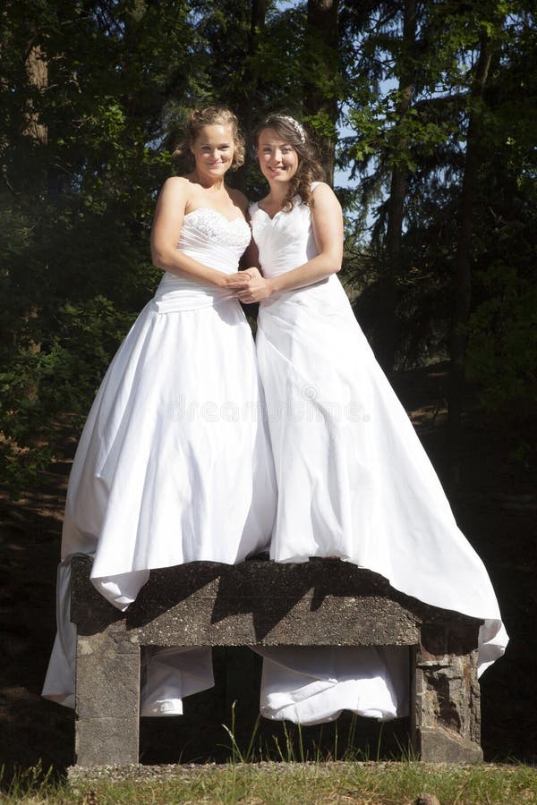 Just Married Happy Lesbian Couple In White Dress Close Together Stock ... image photo