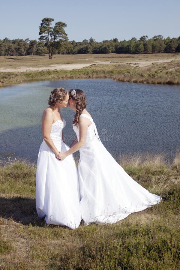 Just Married Happy Lesbian Couple In White Dress Near Small Lake Stock