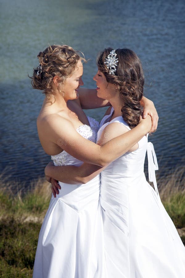 Just Married Lesbian Pair with Dog in Forest Stock Image Image of