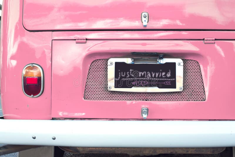 Just Married Sign Attached On Car's Trunk Stock Photo, Royalty-Free