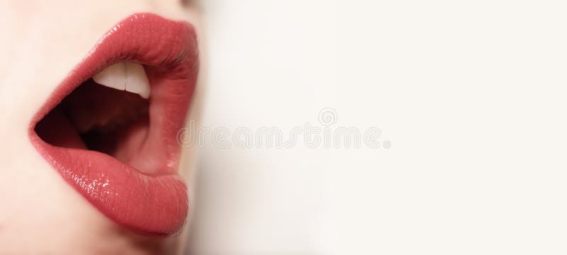 Close-up of woman's open lips singing (talking or eating). Shallow deph of field; main focus is in the center on lower lip. Teeth are soft focused. Close-up of woman's open lips singing (talking or eating). Shallow deph of field; main focus is in the center on lower lip. Teeth are soft focused.