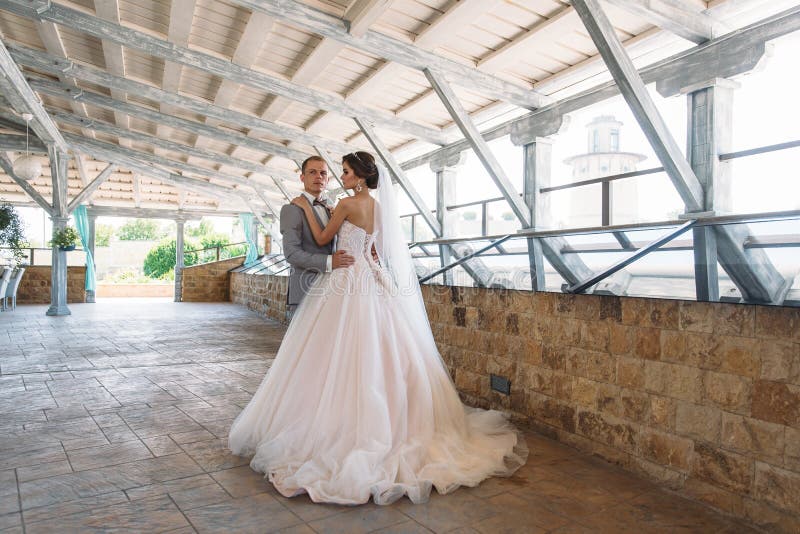 Juste ménages mariés de beau marié dans un costume gris et une jeune mariée dans une robe blanche luxueuse avec un voile avec images stock Juste ménages mariés de beau marié dans un costume gris et une jeune mariée dans une robe blanche luxueuse avec un voile avec images stock