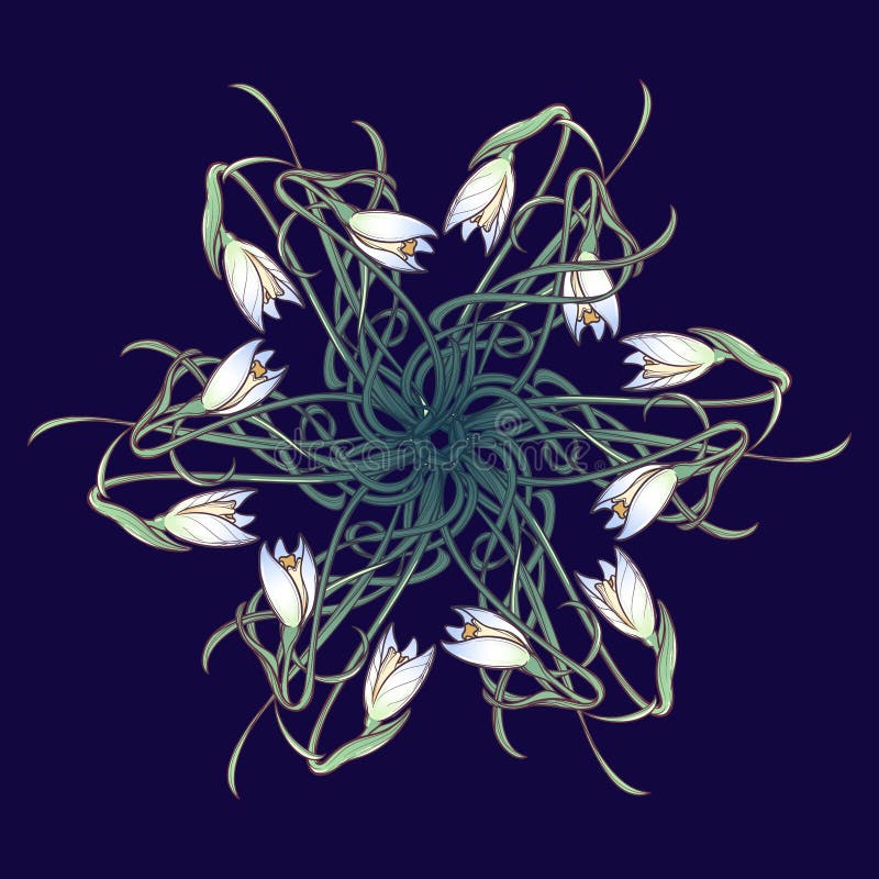 Juste plu en fonction Les fleurs de perce-neige ont entrelacé dans un ornement circulaire complexe sur un fond bleu-foncé Nouveau illustration stock