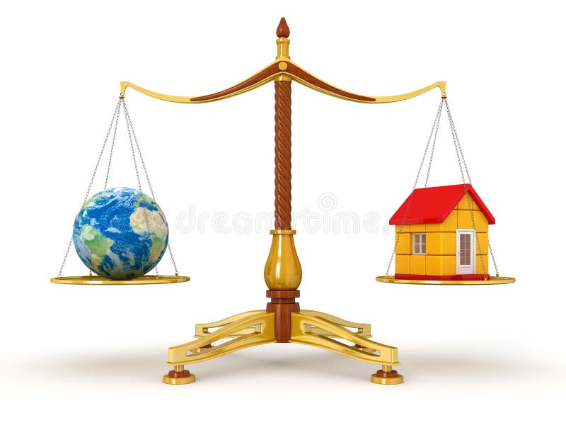 Justice Balance with Globe and house (clipping path included) stock illustration