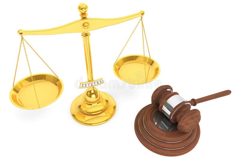 Justice gold scale and wooden gavel stock illustration