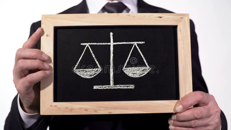 Justice scales drawn on blackboard in lawyer hands, decision pros and cons stock illustration Justice scales drawn on blackboard in lawyer hands, decision pros and cons stock illustration