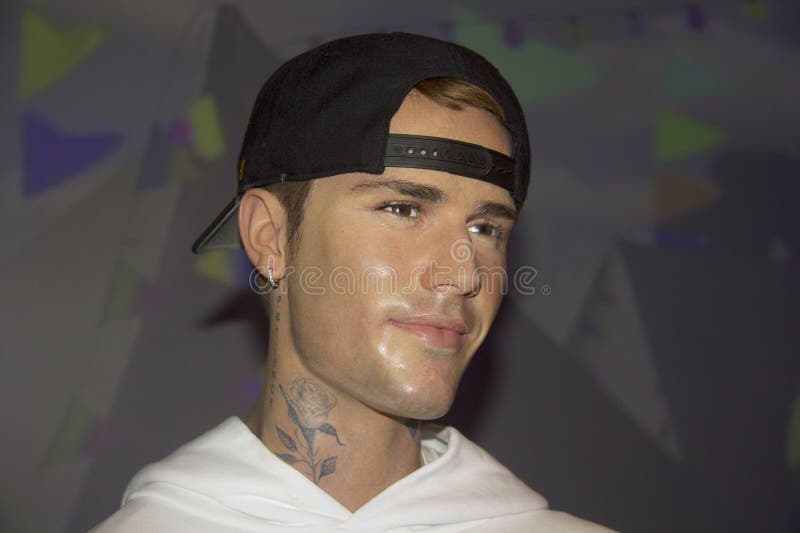 England, London. Circa 20.01. 2024. E.T Waxwork statue of Justin Bieber on display at Madam Tussauds