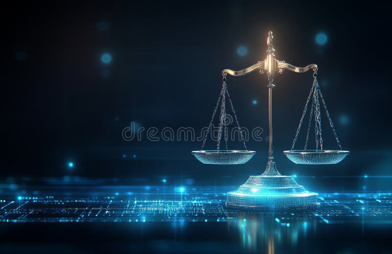 Justizielle Waagen leuchten auf einer Tech-Platine. Virtuelle legale Technologie schafft einen Weg zwischen Recht und Technologie stockbilder