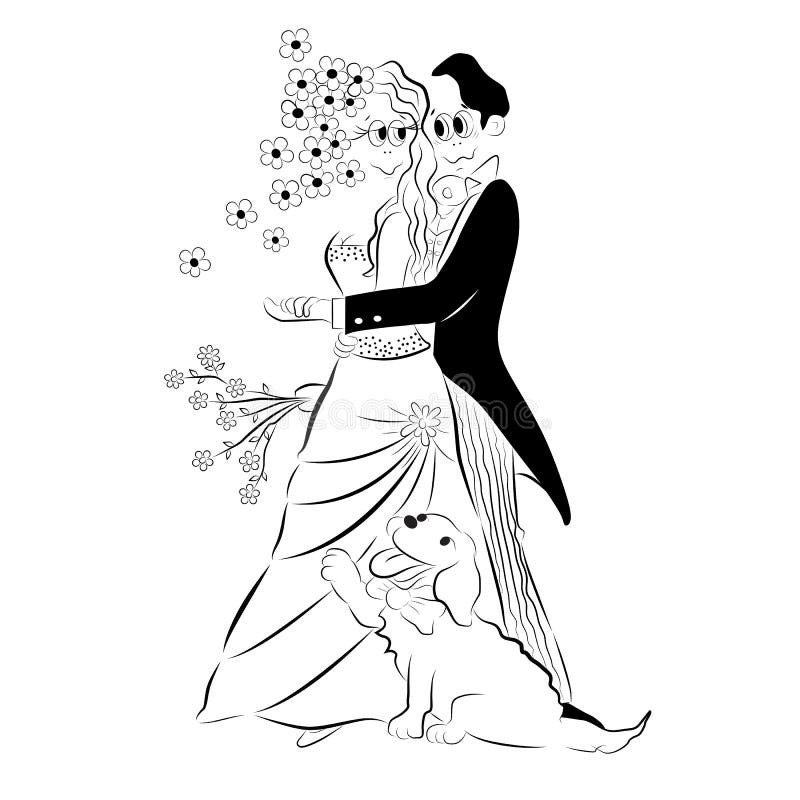 Vector Cartoon Black and White Illustration of a Wedding Couple, Bride and  a Groom Hugging Each Other on Their Wedding Day and Pos Stock Vector -  Illustration of happy, beauty: 185477307