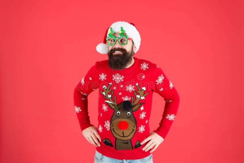 Justo a Tiempo Para Navidad Suéter De Punto Hipster Divertido Caliente Para El Frío Hombre Barbudo Santa Sombrero Rojo Imagen de archivo - Imagen de cerda: 166614941