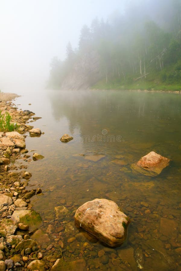 Mountain river and forest in fog at dawn. Stones in the foreground in the water. Mountain river and forest in fog at dawn. Stones in the foreground in the water