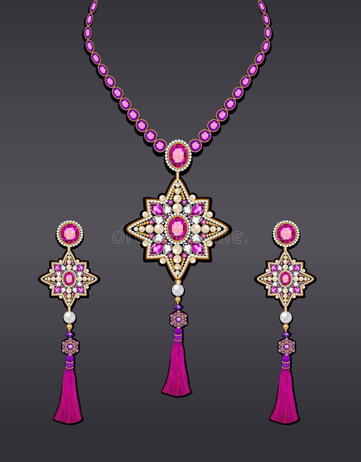 Illustration set of jewelry with precious stones and tassels. Illustration set of jewelry with precious stones and tassels