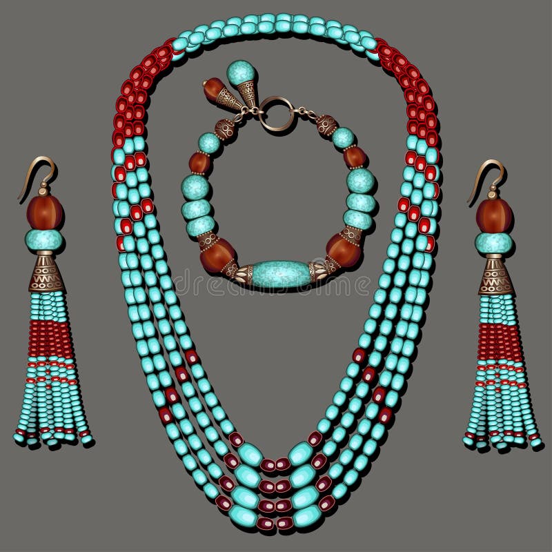 Illustration of jewelry set with turquoise earrings, necklace and beaded bracelet blue and brown with tassels. Illustration of jewelry set with turquoise earrings, necklace and beaded bracelet blue and brown with tassels