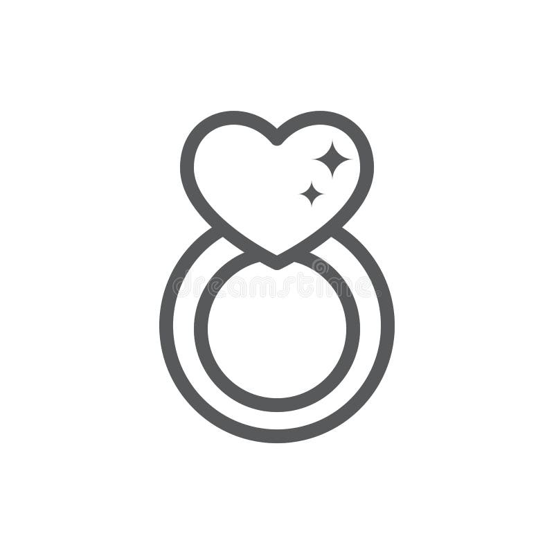 Juwelenring met grote glanzende diamant in vorm van het pictogram van de hartlijn met editable slag - de schitteringssymbool van stock illustratie Juwelenring met grote glanzende diamant in vorm van het pictogram van de hartlijn met editable slag - de schitteringssymbool van stock illustratie