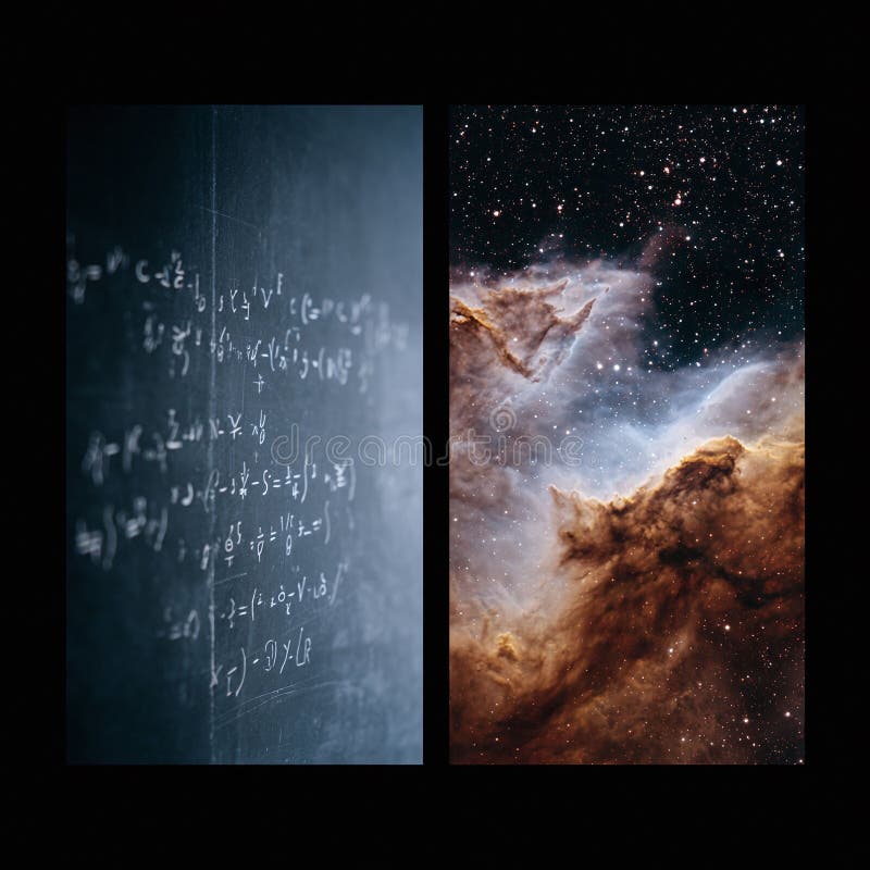 Juxtaposition of complex equations on a blackboard with a breathtaking nebula. Represents science, exploration, knowledge, and the stock illustration