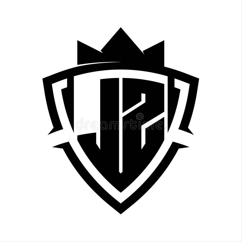 JZ Letter bold monogram triangle curve shield shape with crown black and white background color design stock illustration