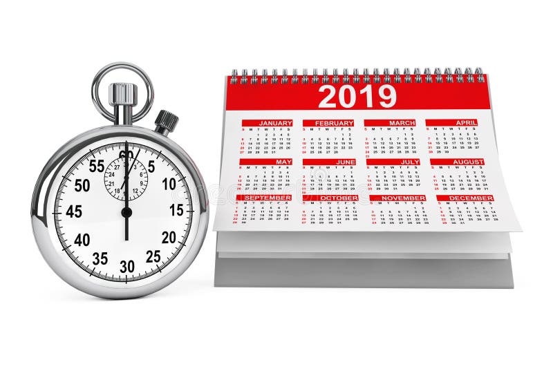 2019-jähriger Kalender mit Stoppuhr Wiedergabe 3d stock abbildung 2019-jähriger Kalender mit Stoppuhr Wiedergabe 3d stock abbildung