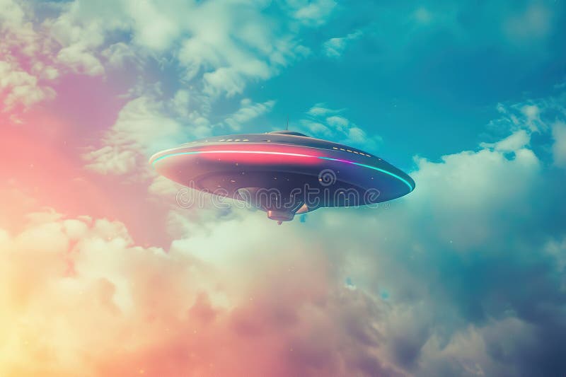 Järnoval ufo saucer hovrar över vackert landskap i djup dramatisk himmel abstrakt levande sammansättning royaltyfria foton