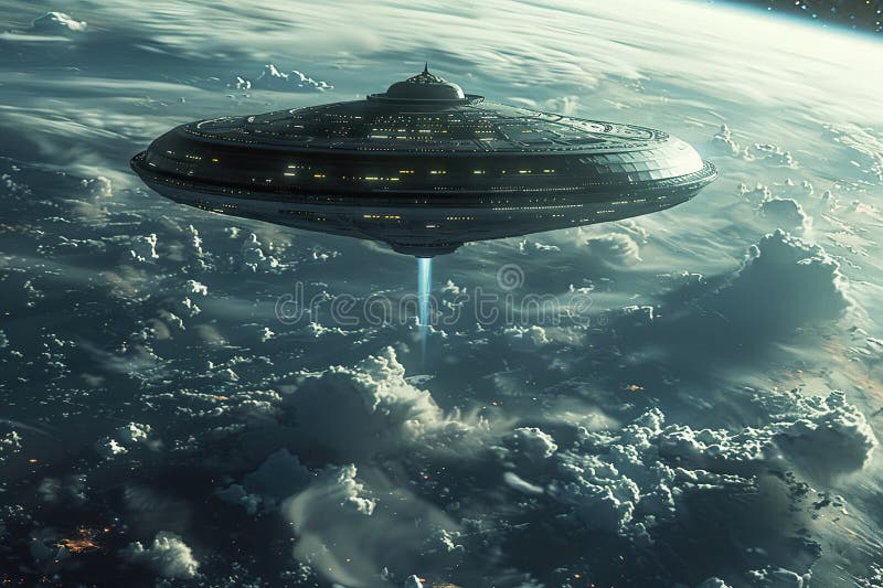 Järnoval ufo saucer hovrar över vackert landskap i djup dramatisk himmel abstrakt levande sammansättning arkivfoto