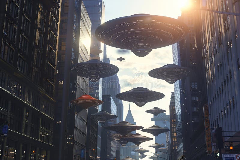 Järnoval ufo saucer hovrar över vackert landskap i djup dramatisk himmel abstrakt levande sammansättning arkivbilder