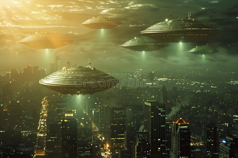 Järnoval ufo saucer hovrar över vackert landskap i djup dramatisk himmel abstrakt levande sammansättning royaltyfri fotografi