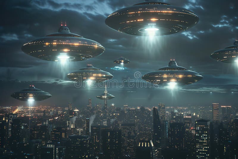 Järnoval ufo saucer hovrar över vackert landskap i djup dramatisk himmel abstrakt levande sammansättning royaltyfri bild