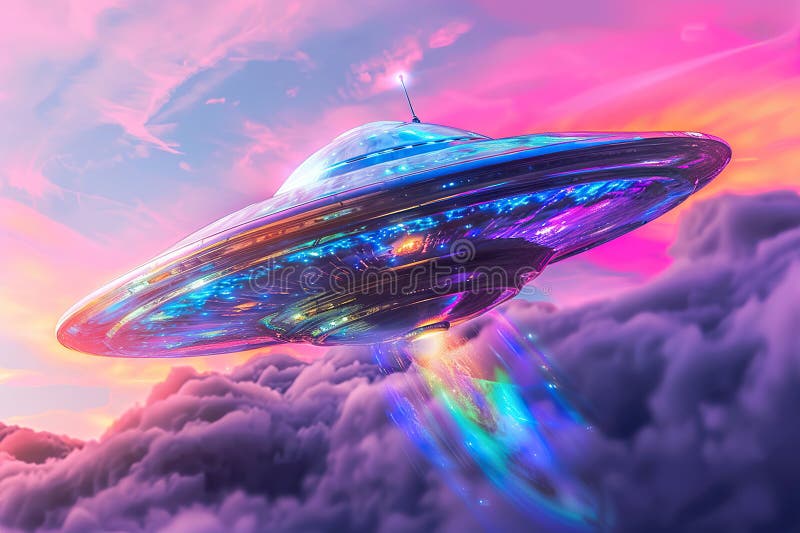 Järnoval ufo saucer hovrar över vackert landskap i djup dramatisk himmel abstrakt levande sammansättning royaltyfri fotografi