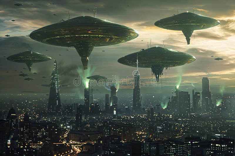 Järnoval ufo saucer hovrar över vackert landskap i djup dramatisk himmel abstrakt levande sammansättning royaltyfria bilder