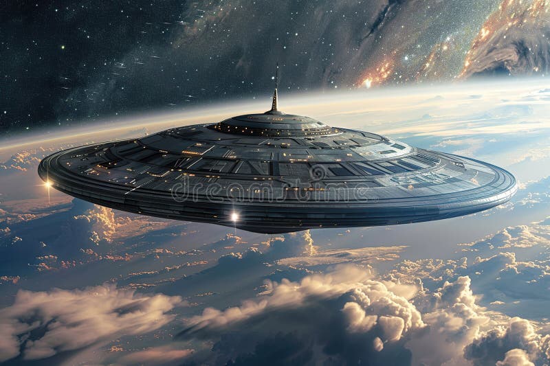 Järnoval ufo saucer hovrar över vackert landskap i djup dramatisk himmel abstrakt levande sammansättning royaltyfria foton
