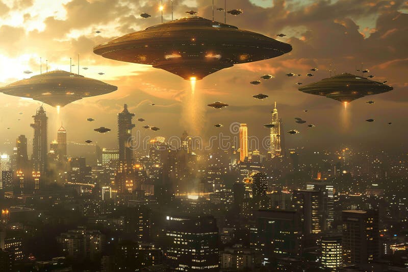 Järnoval ufo saucer hovrar över vackert landskap i djup dramatisk himmel abstrakt levande sammansättning royaltyfri foto