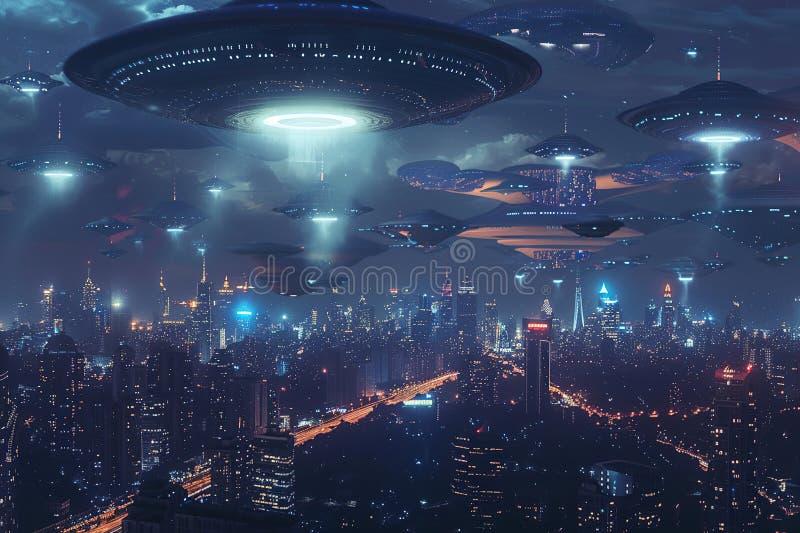 Järnoval ufo saucer hovrar över vackert landskap i djup dramatisk himmel abstrakt levande sammansättning royaltyfri foto