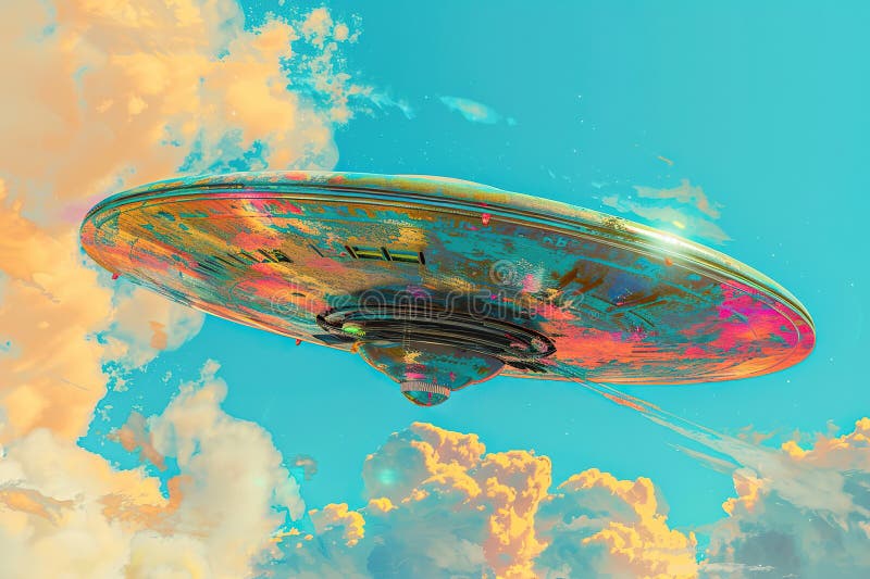 Järnoval ufo saucer hovrar över vackert landskap i djup dramatisk himmel abstrakt levande sammansättning royaltyfria foton