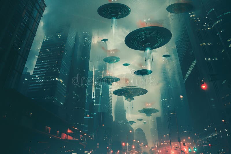 Järnoval ufo saucer hovrar över vackert landskap i djup dramatisk himmel abstrakt levande sammansättning royaltyfri foto