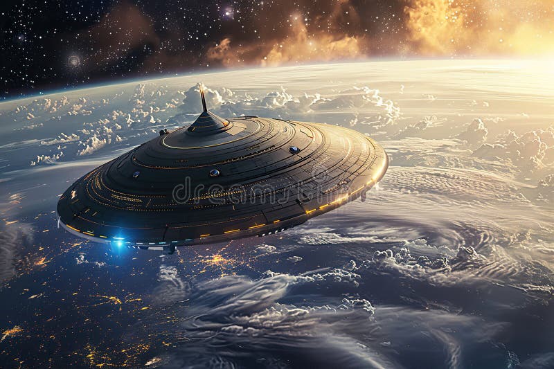 Järnoval ufo saucer hovrar över vackert landskap i djup dramatisk himmel abstrakt levande sammansättning royaltyfri fotografi