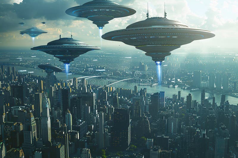 Järnoval ufo saucer hovrar över vackert landskap i djup dramatisk himmel abstrakt levande sammansättning royaltyfria foton