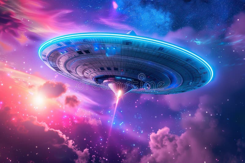 Järnoval ufo saucer hovrar över vackert landskap i djup dramatisk himmel abstrakt levande sammansättning royaltyfri bild