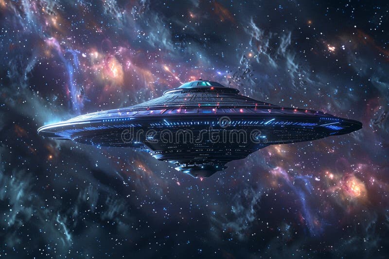 Järnoval ufo saucer hovrar över vackert landskap i dramatisk himmel royaltyfri fotografi