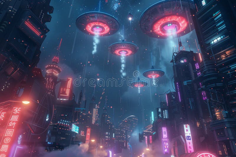 Järnoval ufo saucer hovrar över vackert landskap i dramatisk himmel fotografering för bildbyråer