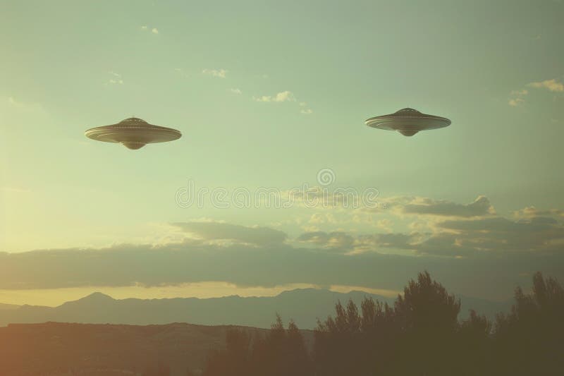 Järnoval ufo saucer hovrar över vackert landskap i dramatisk himmel royaltyfri foto