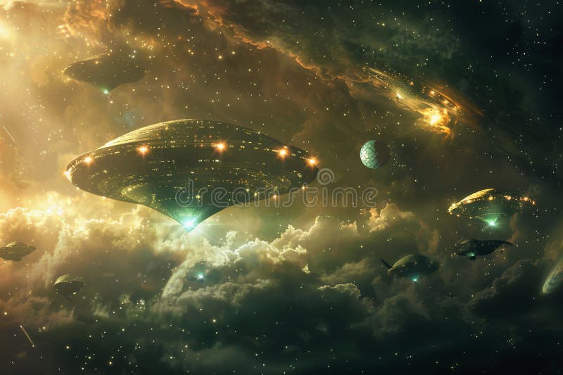 Järnoval ufo saucer hovrar över vackert landskap i dramatisk himmel arkivbild