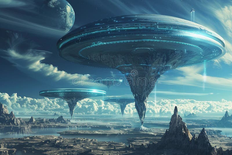 Järnoval ufo saucer hovrar över vackert landskap i dramatisk himmel arkivfoton