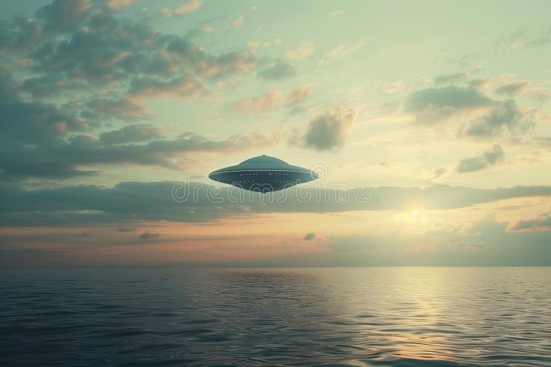 Järnoval ufo saucer hovrar över vackert landskap i dramatisk himmel fotografering för bildbyråer