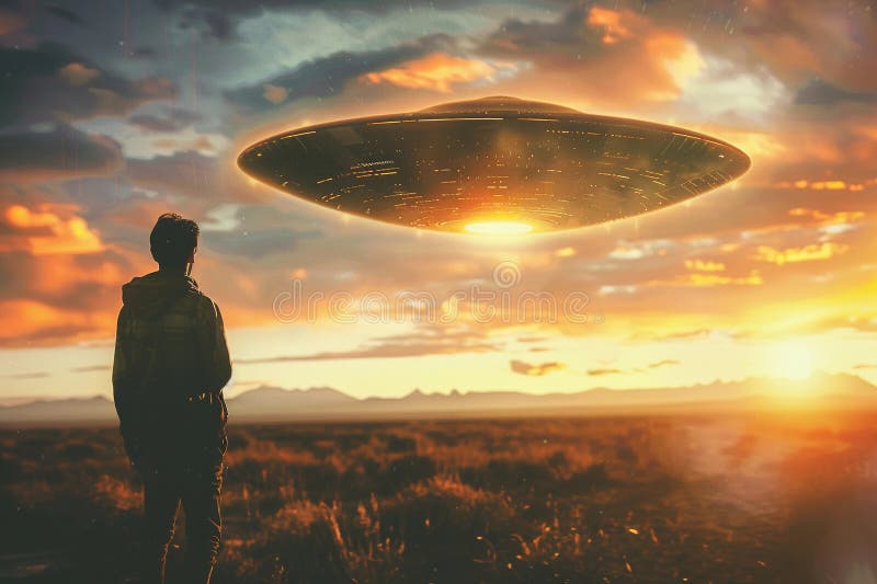 Järnoval ufo saucer hovrar över vackert landskap i dramatisk himmel arkivfoton