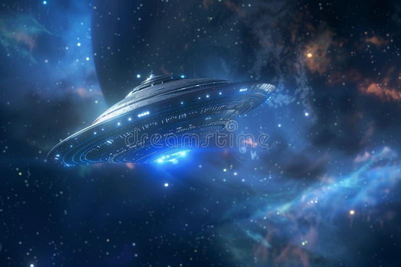 Järnoval ufo saucer hovrar över vackert landskap i dramatisk himmel royaltyfri foto