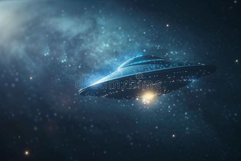 Järnoval ufo saucer hovrar över vackert landskap i dramatisk himmel arkivfoton