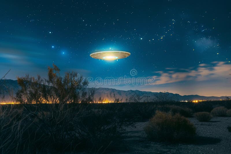 Järnoval ufo saucer hovrar över vackert landskap i dramatisk himmel royaltyfria bilder