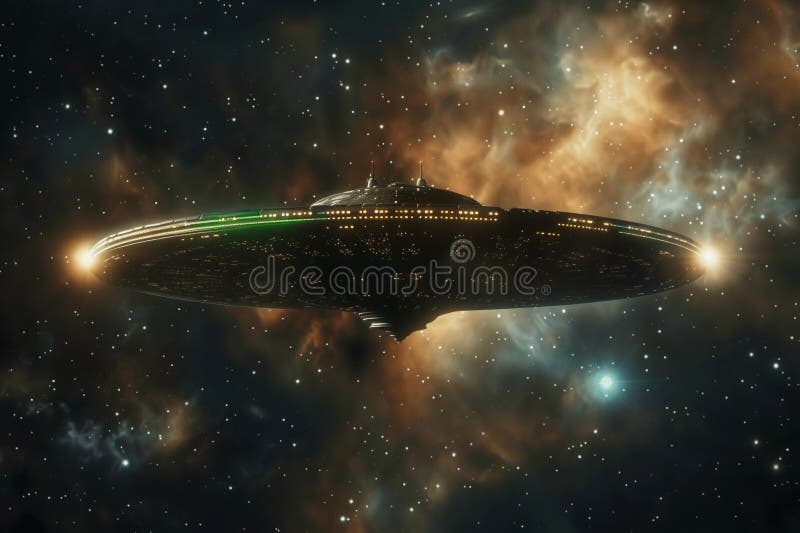 Järnoval ufo saucer hovrar över vackert landskap i dramatisk himmel arkivfoton