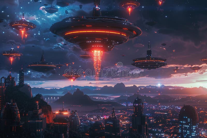 Järnoval ufo saucer hovrar över vackert landskap i dramatisk himmel fotografering för bildbyråer
