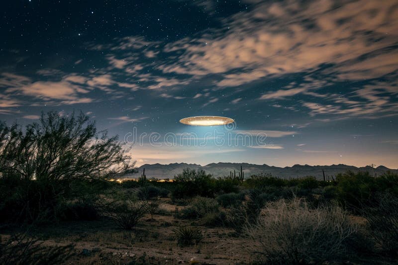 Järnoval ufo saucer hovrar över vackert landskap i dramatisk himmel fotografering för bildbyråer